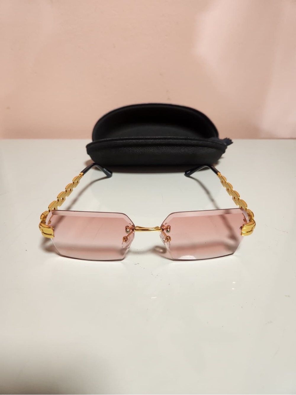 Unisex Rimless Rectangle Sunglasses Gold Metal Frame Pink Tinted Lenses